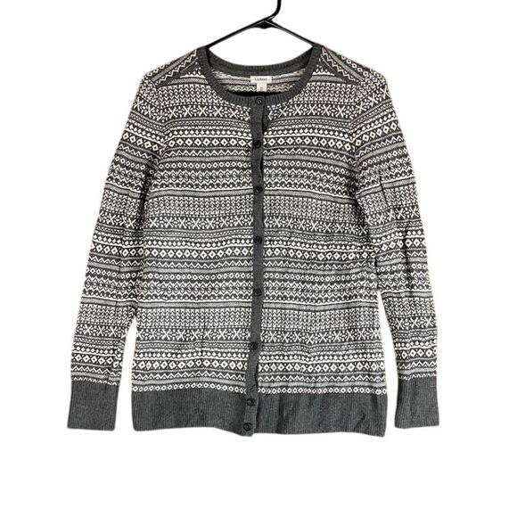 LL Bean Womens Sweater Gray White Fair Isle Button Front Cashmere Cardigan XS - Picture 1 of 12